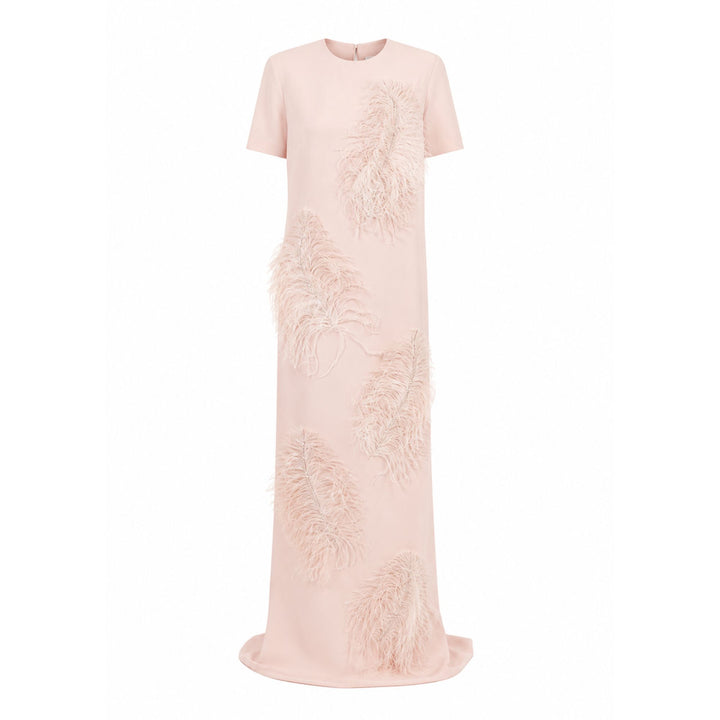 Short Sleeve Jewel Neck London Sheath With Falling Plumes & Gems