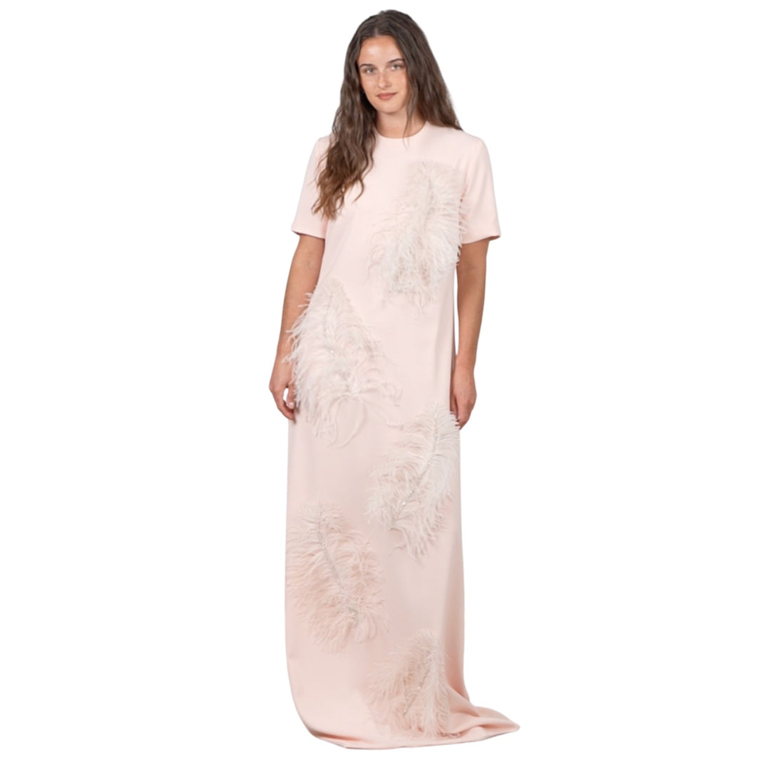 Short Sleeve Jewel Neck London Sheath With Falling Plumes & Gems