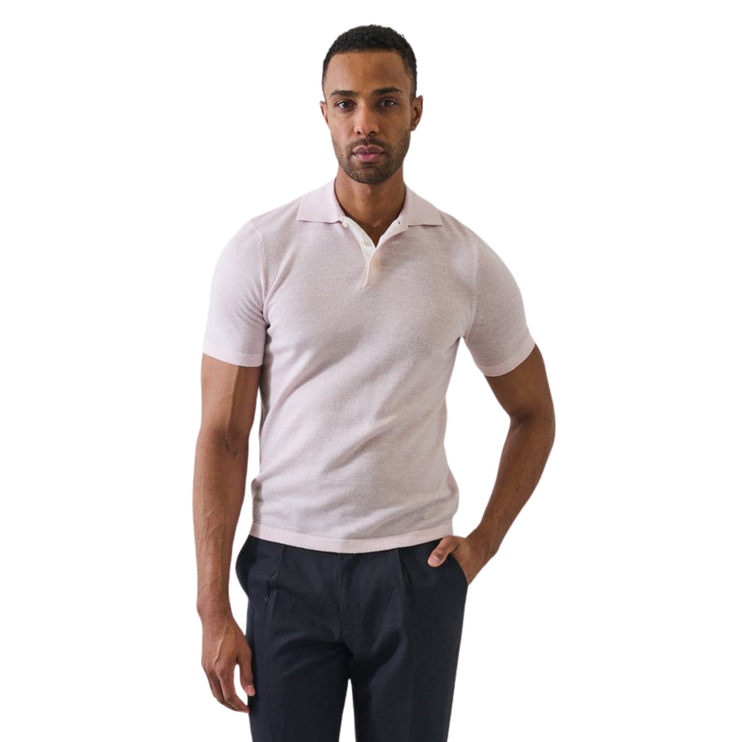 Light Pink Short Sleeve Merino Linen Contrast Polo