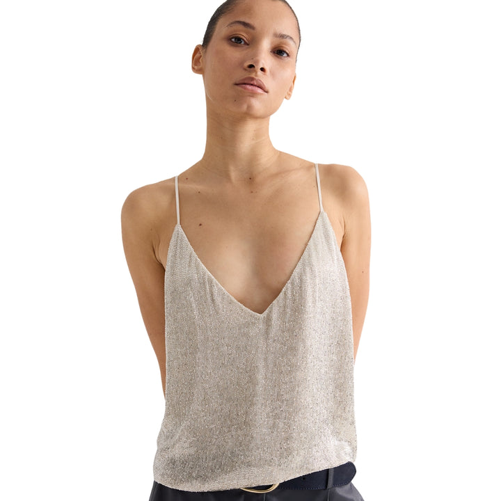 Simple Bugle Bead Cami Top in Ivory and Silver