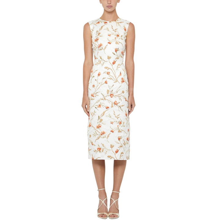 Sleeveless Crewneck Sheath Dress in Ivory Gold Multi