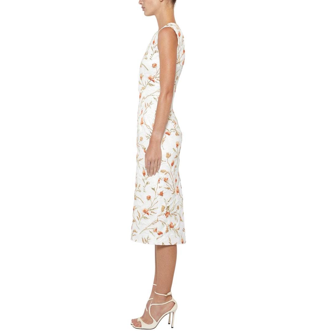 Sleeveless Crewneck Sheath Dress in Ivory Gold Multi