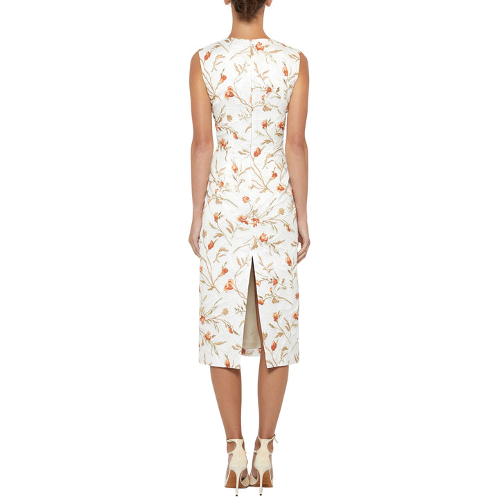 Sleeveless Crewneck Sheath Dress in Ivory Gold Multi
