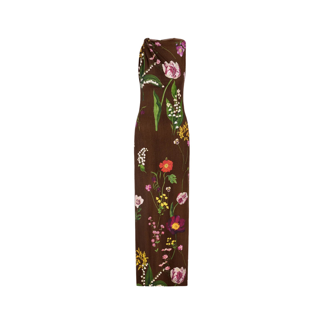 Sleeveless Mixed Botanical Milano Jersey Day Dress in Brown Multi