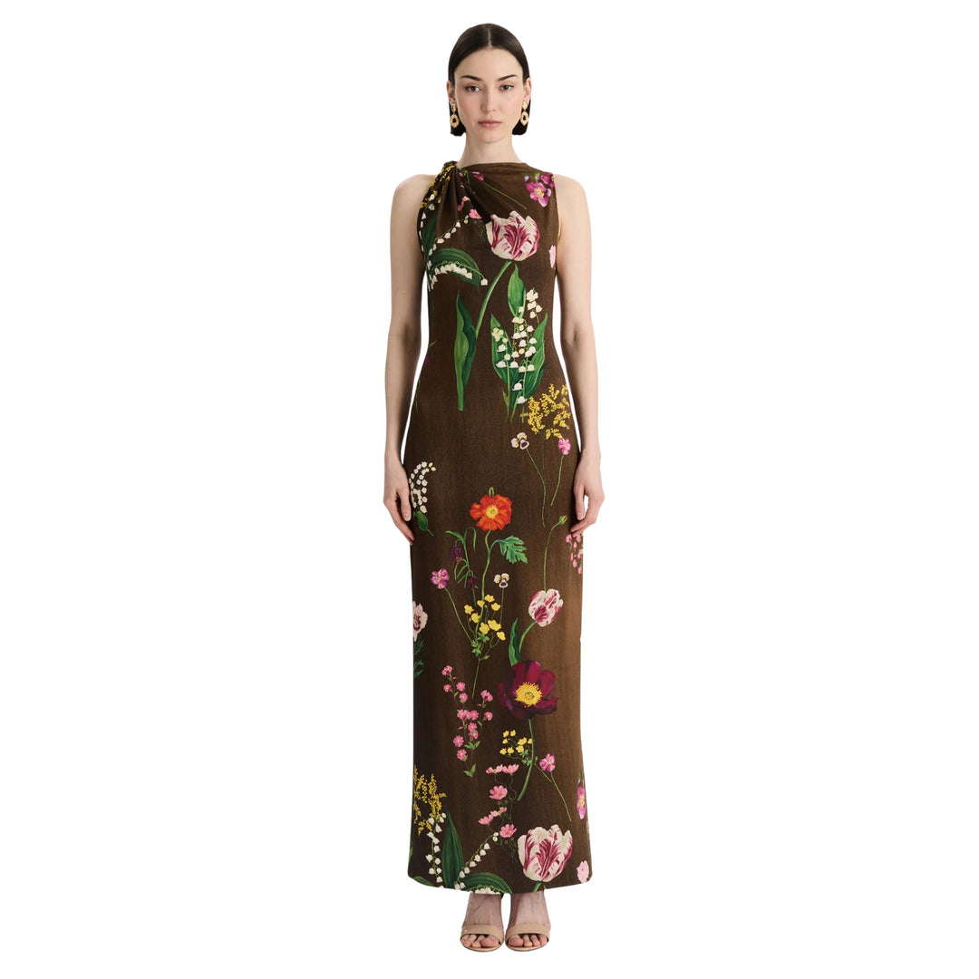 Sleeveless Mixed Botanical Milano Jersey Day Dress in Brown Multi