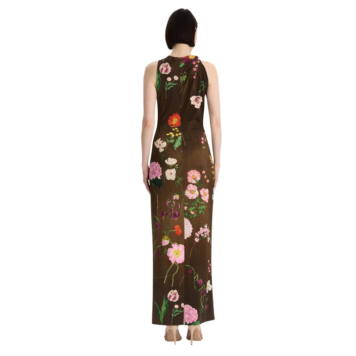 Sleeveless Mixed Botanical Milano Jersey Day Dress in Brown Multi