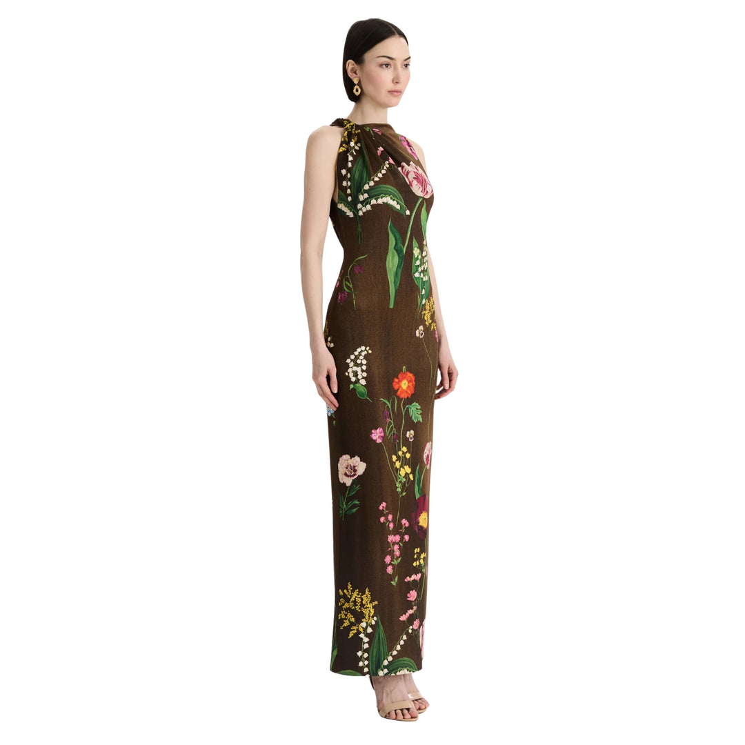 Sleeveless Mixed Botanical Milano Jersey Day Dress in Brown Multi
