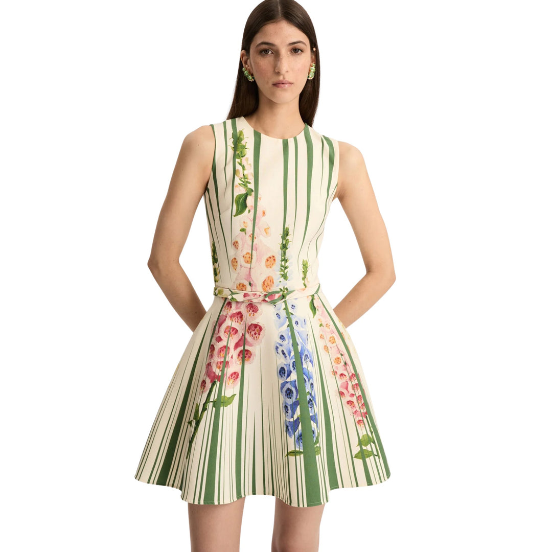 Sleeveless Pleated Foxgloves Dress in Green Multi
