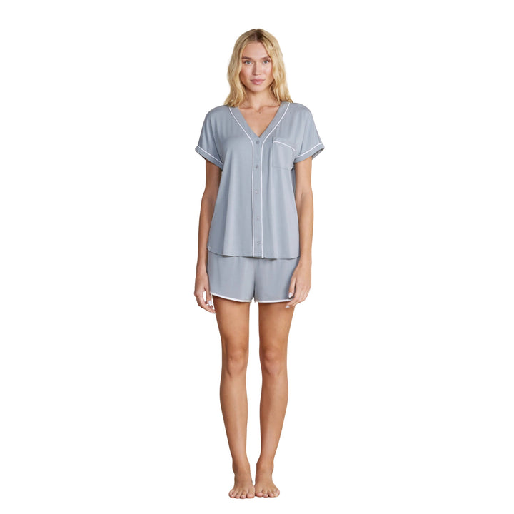 Soft Jersey Piped PJ Set, Moonbeam-White