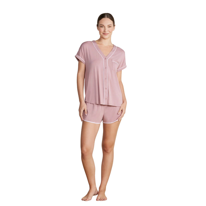 Soft Jersey Piped PJ Set, Teaberry-White
