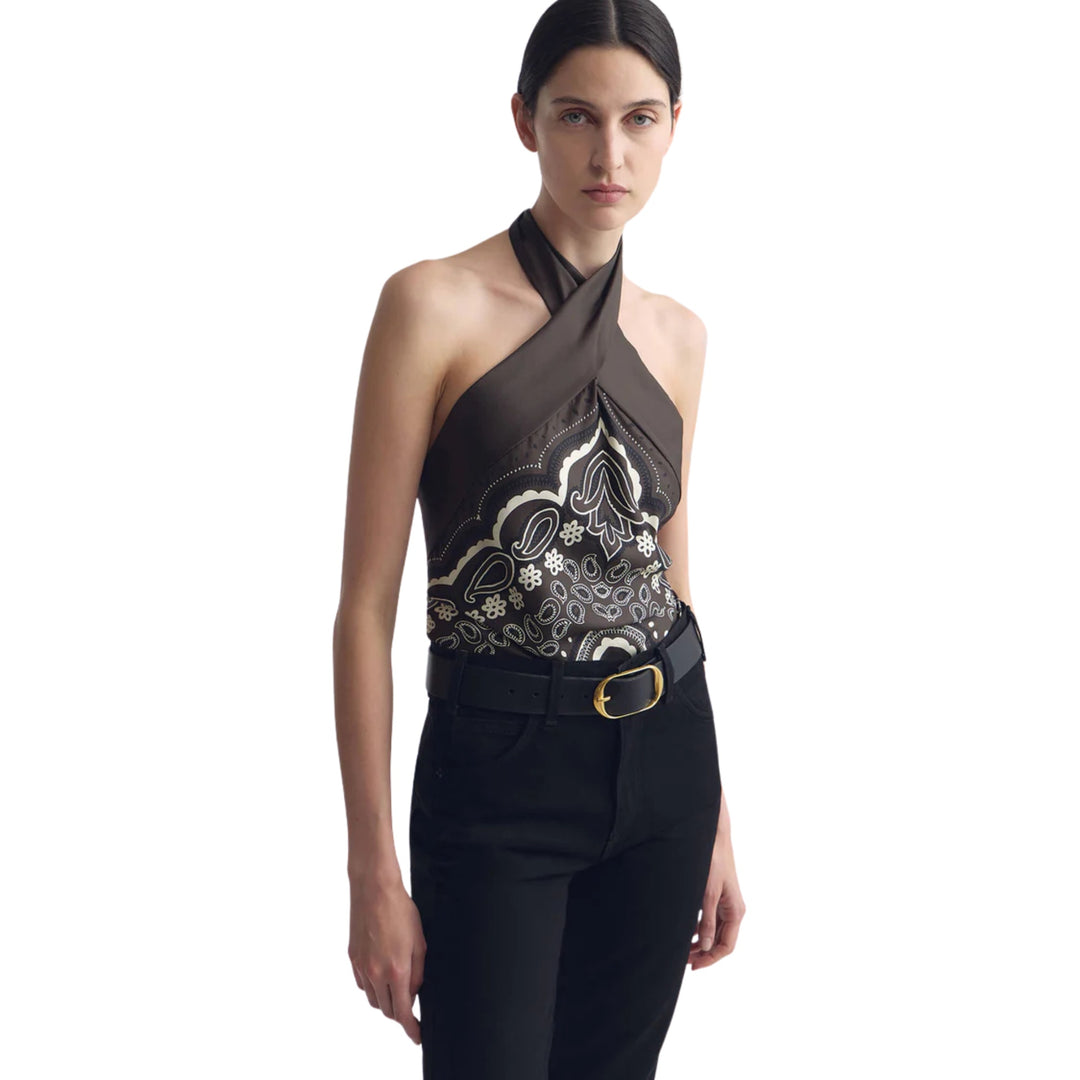 Solal Silk Halterneck Top inBrown/Ivory Bandana Print