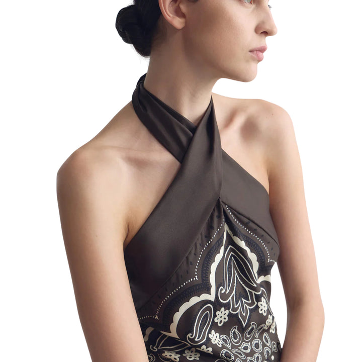 Solal Silk Halterneck Top inBrown/Ivory Bandana Print