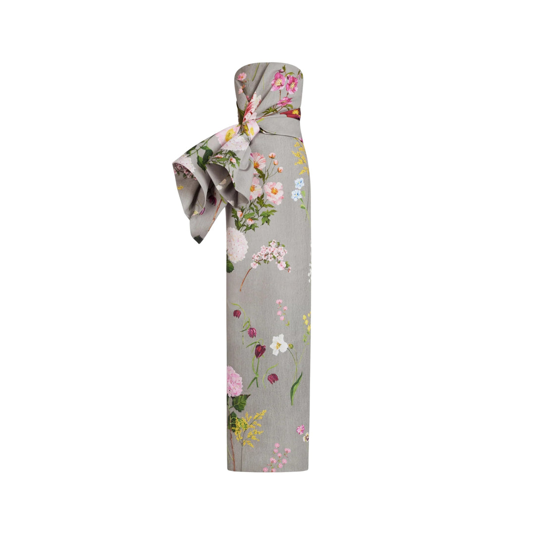 Strapless Mixed Botanical Faille Draped Gown