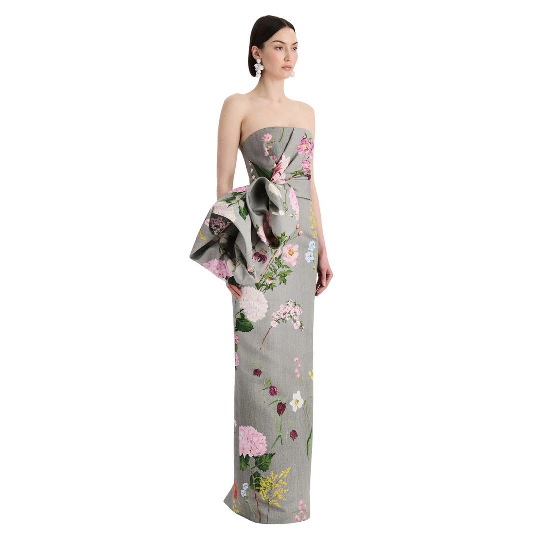 Strapless Mixed Botanical Faille Draped Gown