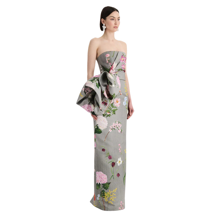 Strapless Mixed Botanical Faille Draped Gown