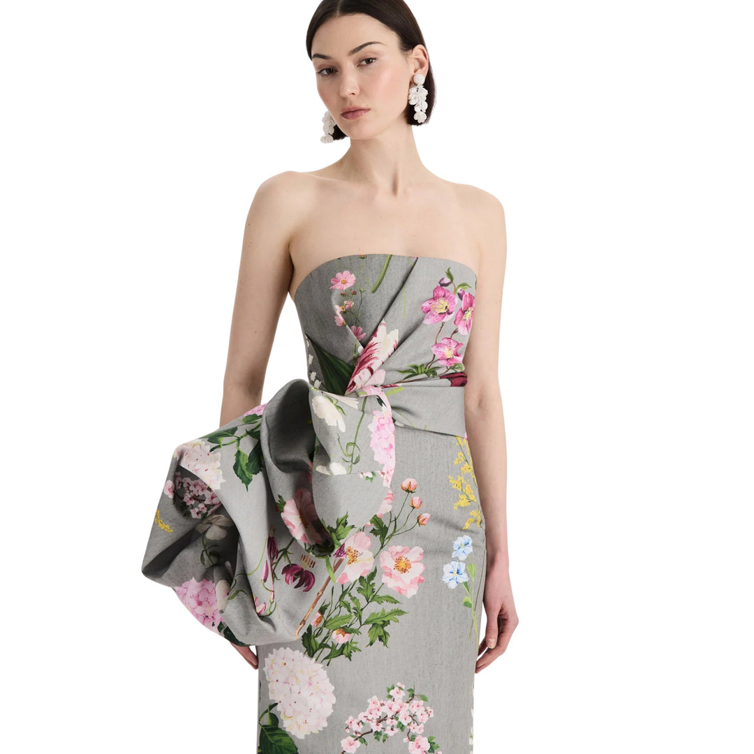 Strapless Mixed Botanical Faille Draped Gown