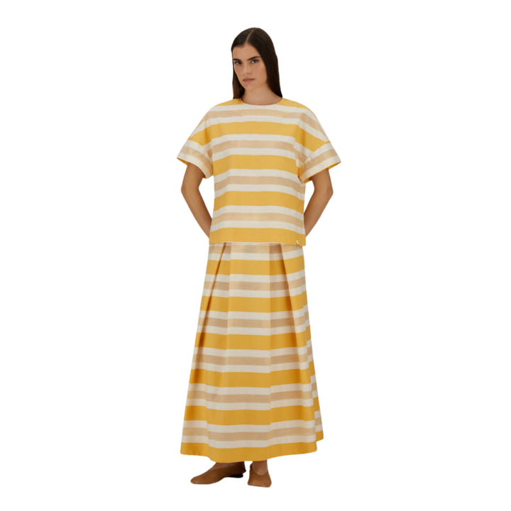 Striped Cotton Full Skirt in Yellow/White