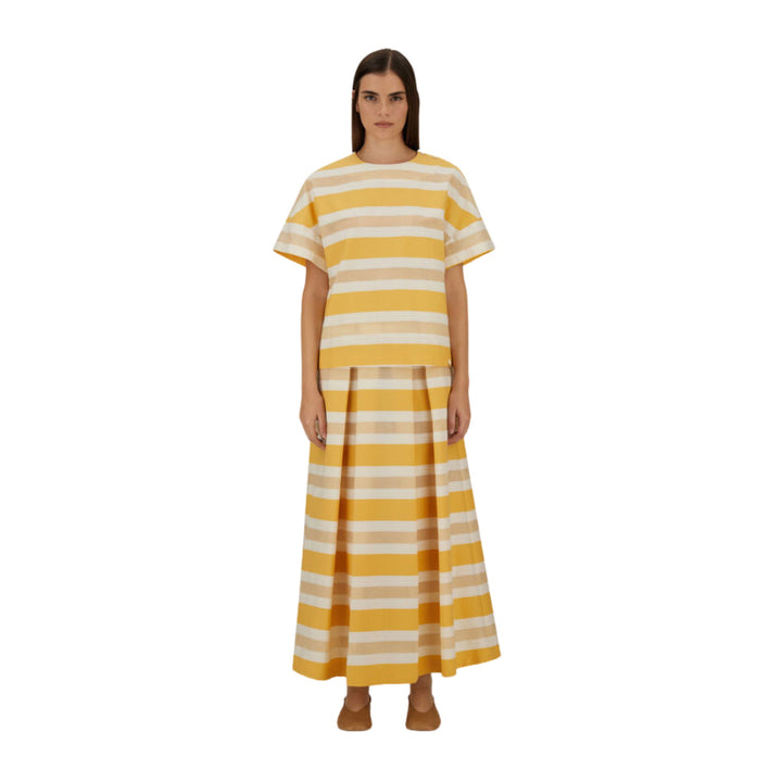Striped Cotton Full Skirt in Yellow/White