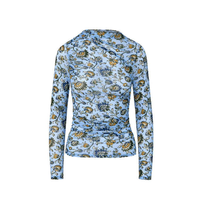 Floral patterned long-sleeve shirt on a white background