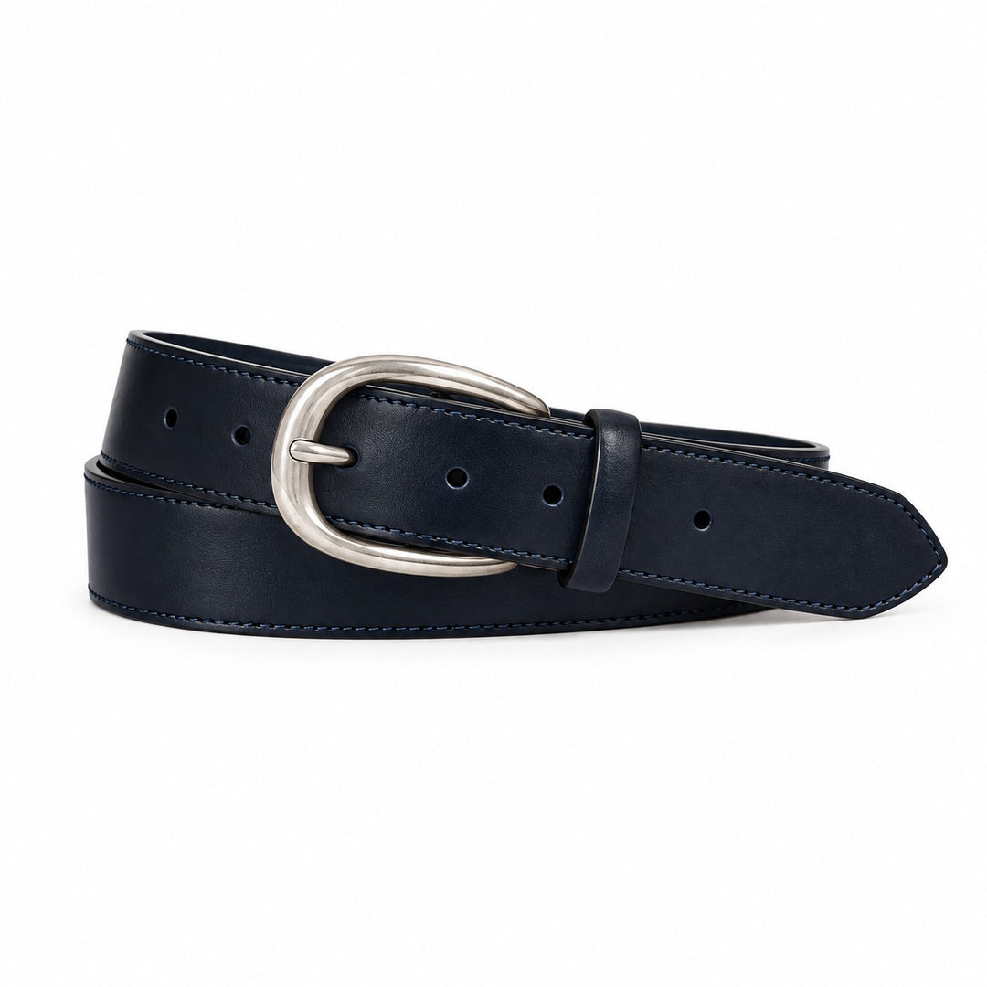 TWP Wide Belt in Dark Midnight and Antique Silver, front