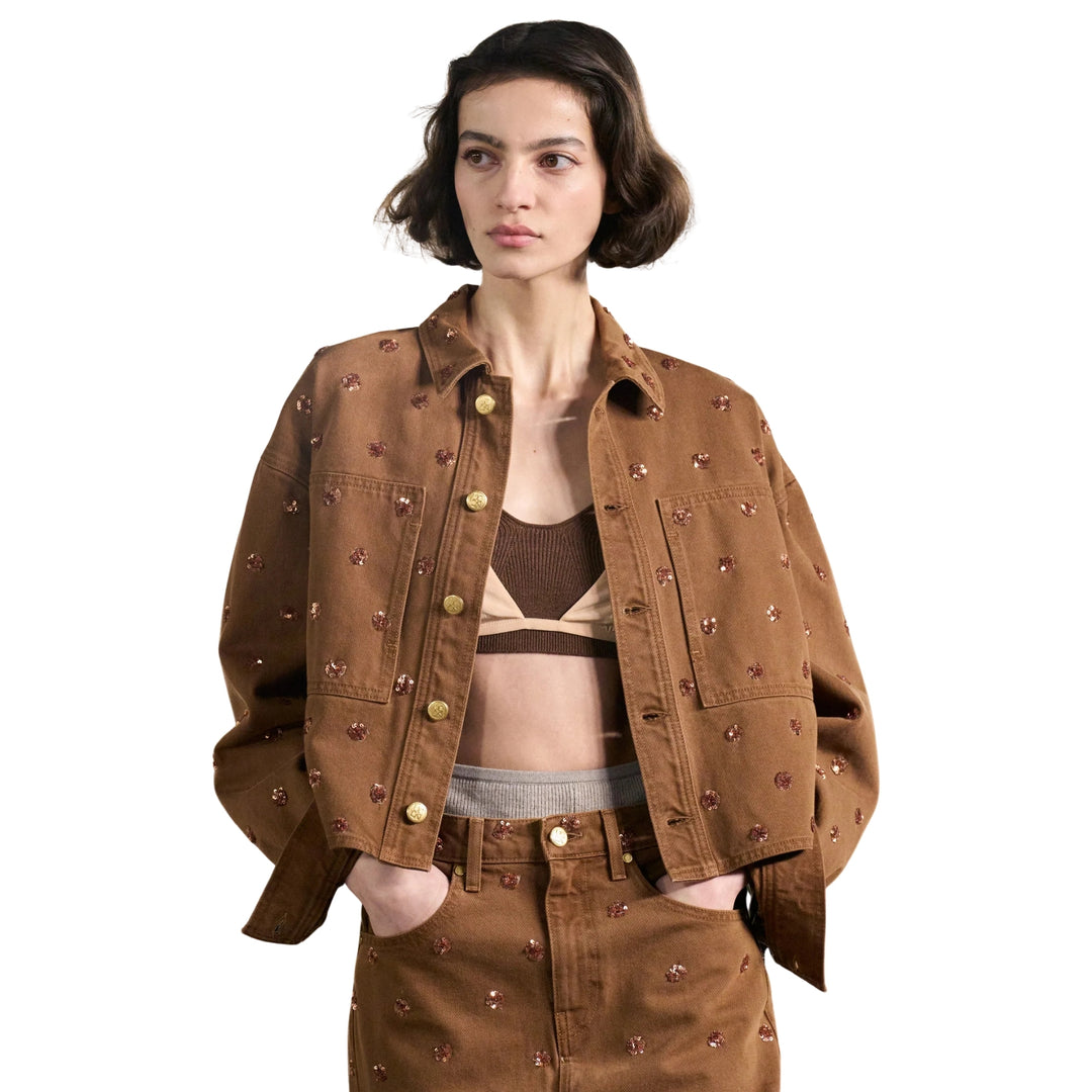 The Bobbi Embellished Denim Jacket in Embellished Umber