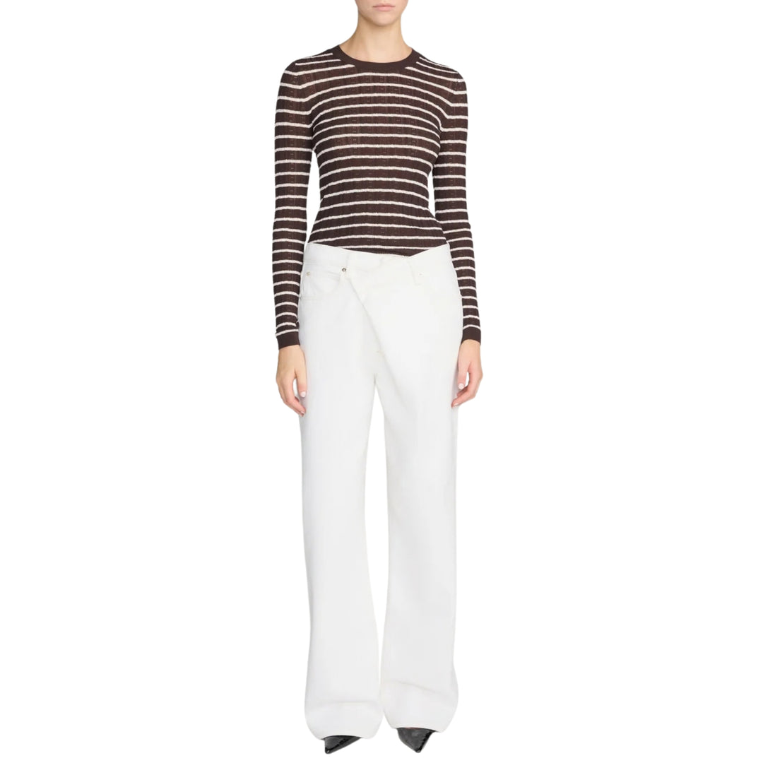 The long Sleeves Pointelle Crewneck in Chestnut Multi Stripe