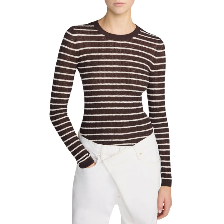 The long Sleeves Pointelle Crewneck in Chestnut Multi Stripe