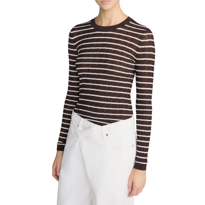 The long Sleeves Pointelle Crewneck in Chestnut Multi Stripe