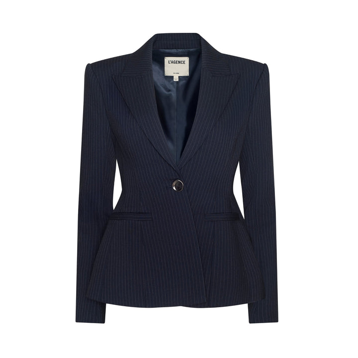 Therese Cinched Waist Blazer in Midnight/Ivory Pinstripe
