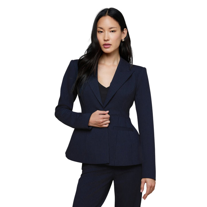 Therese Cinched Waist Blazer in Midnight/Ivory Pinstripe