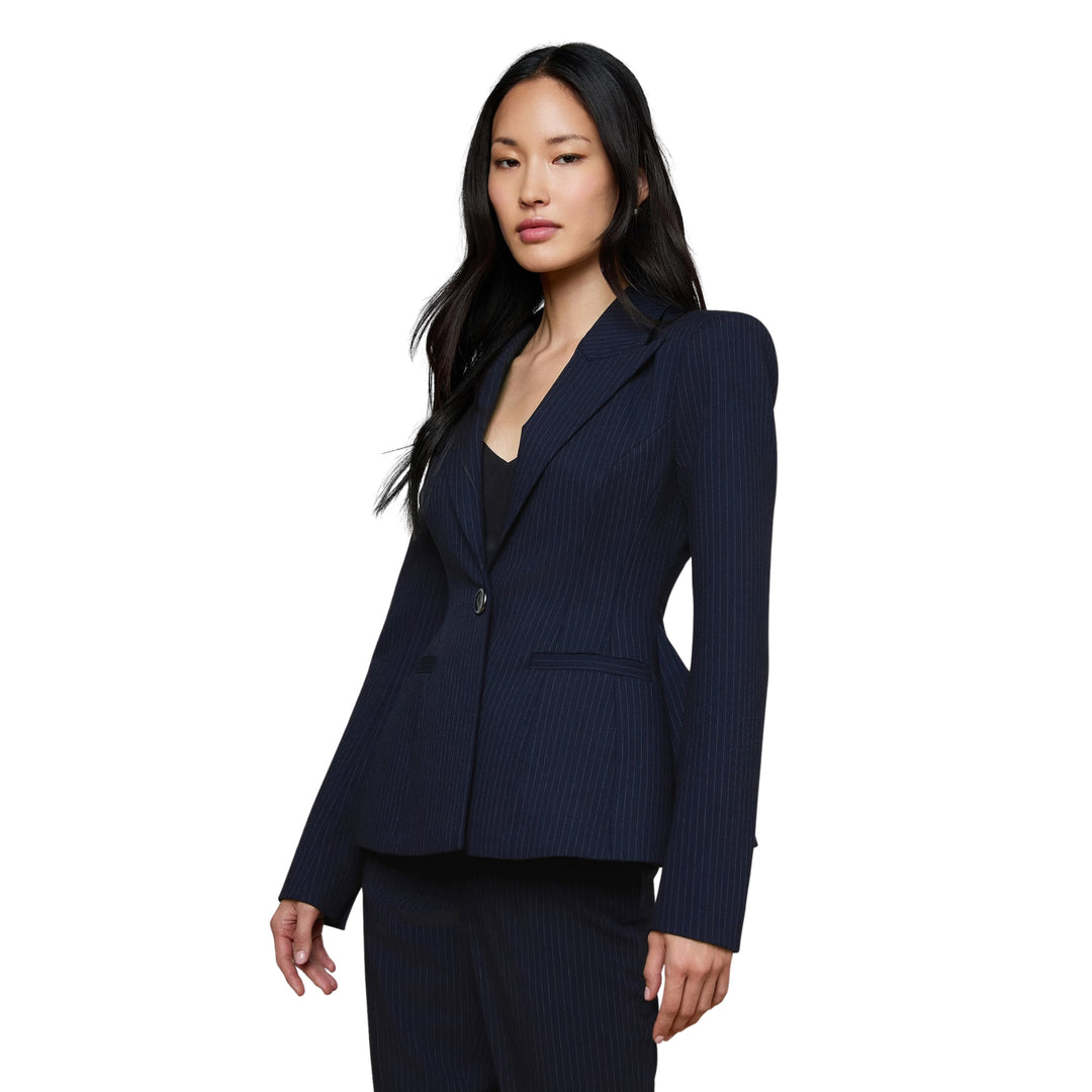 Therese Cinched Waist Blazer in Midnight/Ivory Pinstripe