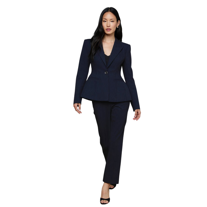 Therese Cinched Waist Blazer in Midnight/Ivory Pinstripe
