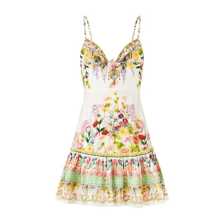 Tie Front Short Dress With Hem Ruffle in The Call Of Catalonia