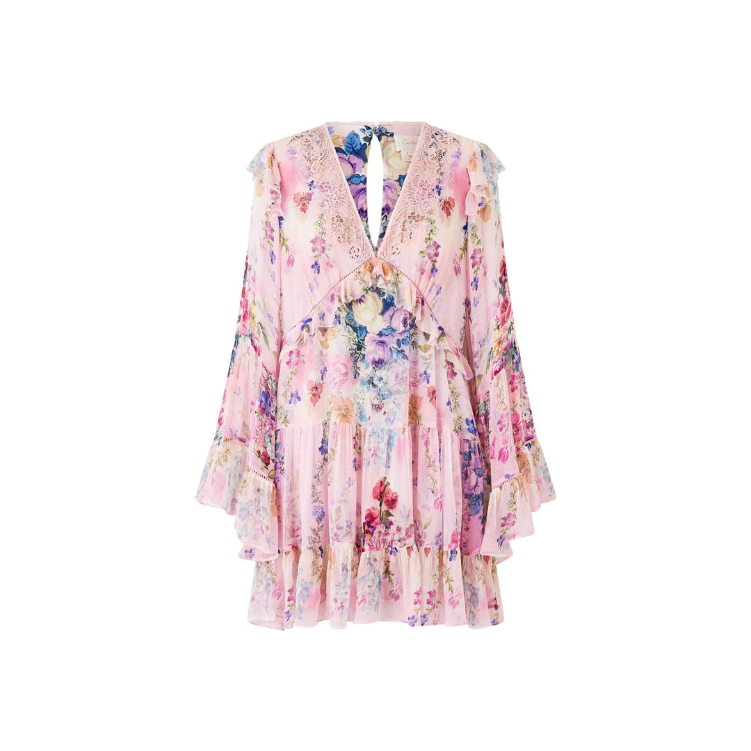 Camilla Floral Long Sleeve Silk Chiffon Tiered Minidress in Palatial Pastels at Nordstrom, Size Medium Camilla Floral Long Sleeve Silk Chiffon Tiered Minidress in Palatial Pastels at Nordstrom, Size Medium