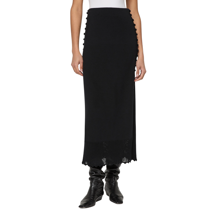 Pull On Knit Skirt with Hand Crochet Trim in black