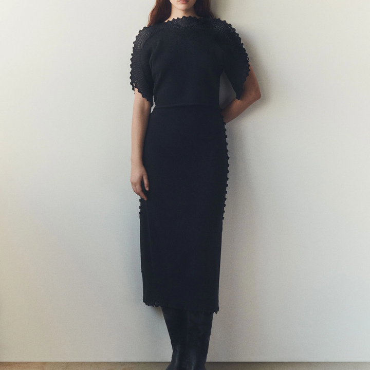 Pull On Knit Skirt with Hand Crochet Trim in black