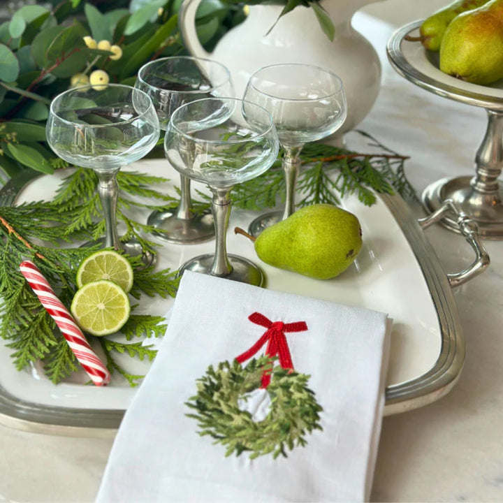 Towel, Boxwood Wreath White with Red Ribbon