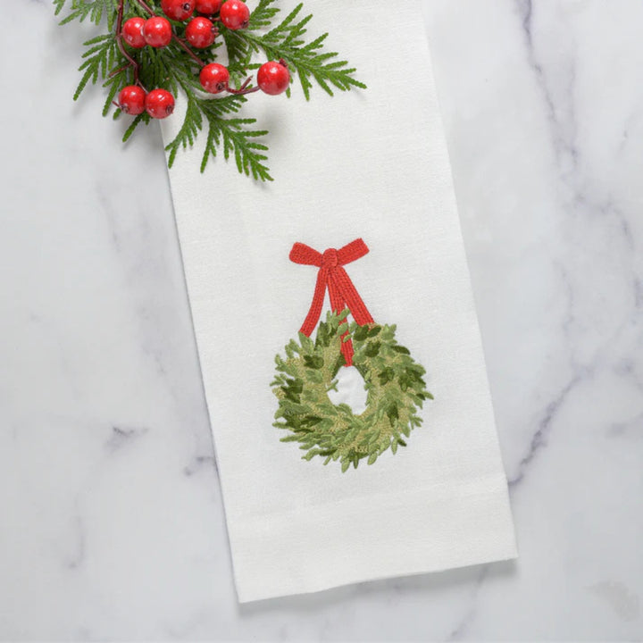Towel, Boxwood Wreath White with Red Ribbon