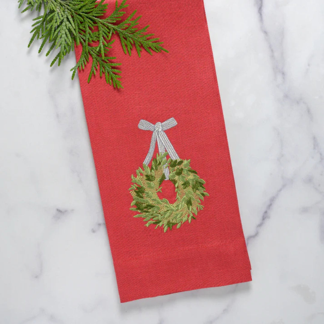 Towel, Boxwood Wreath White with Red Ribbon