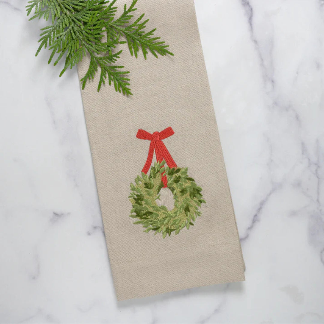 Towel, Boxwood Wreath White with Red Ribbon