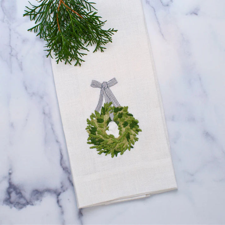 Towel, Boxwood Wreath White with Red Ribbon