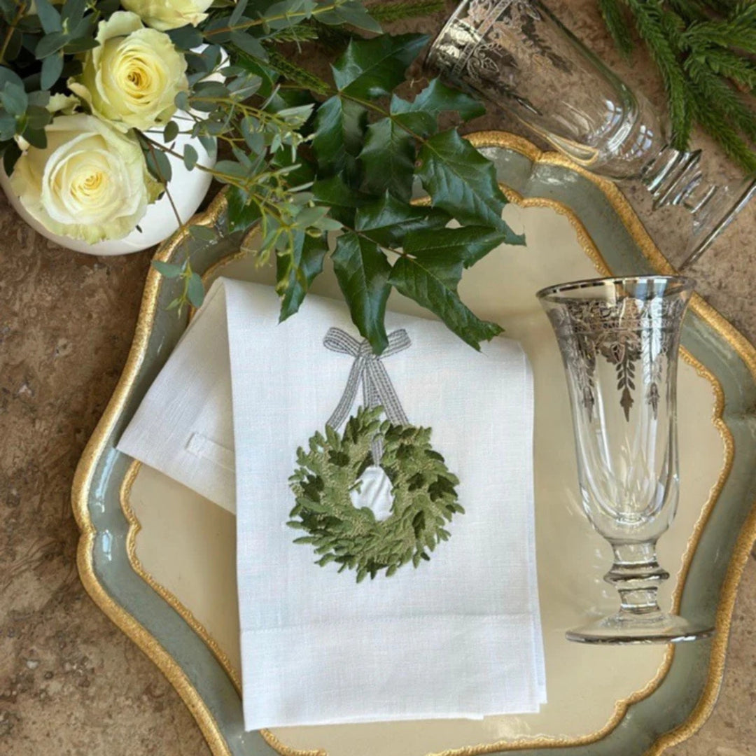 Towel, Boxwood Wreath White with Red Ribbon