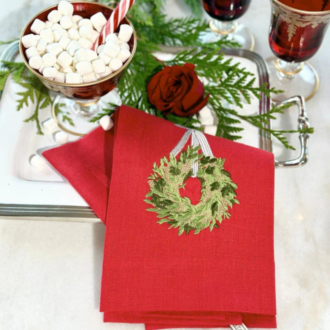 Towel, Boxwood Wreath White with Red Ribbon