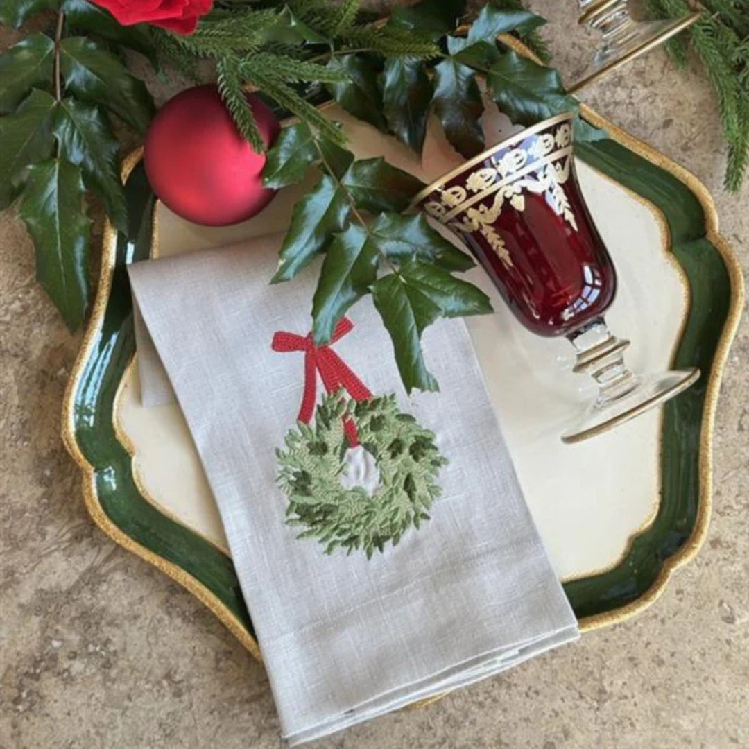 Towel, Boxwood Wreath White with Red Ribbon