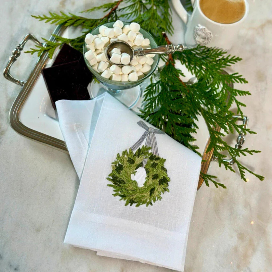 Towel, Boxwood Wreath White with Red Ribbon