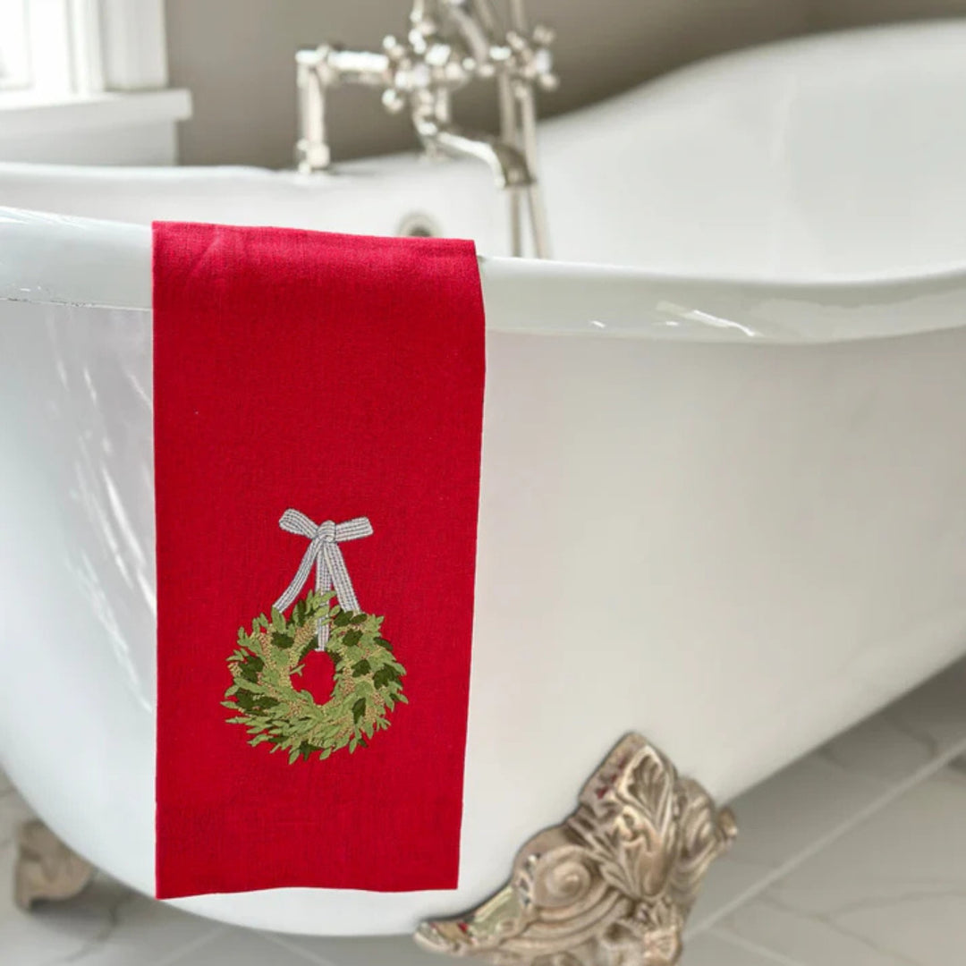 Towel, Boxwood Wreath White with Red Ribbon