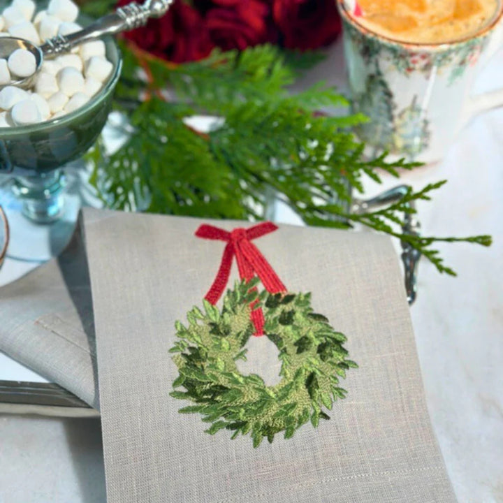Towel, Boxwood Wreath White with Red Ribbon