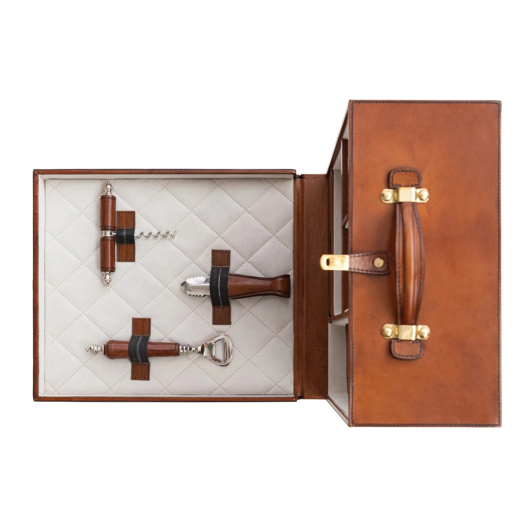 Travel Bar Trunk w/ Flocked Interior, Ice Bucket, Bottle Opener, Cork Screw, Tongs, Set of 5