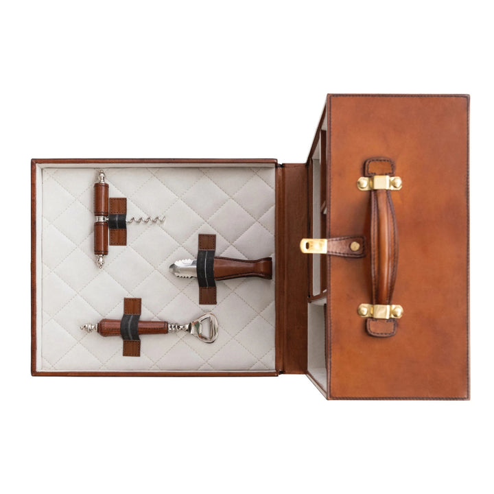 Travel Bar Trunk w/ Flocked Interior, Ice Bucket, Bottle Opener, Cork Screw, Tongs, Set of 5
