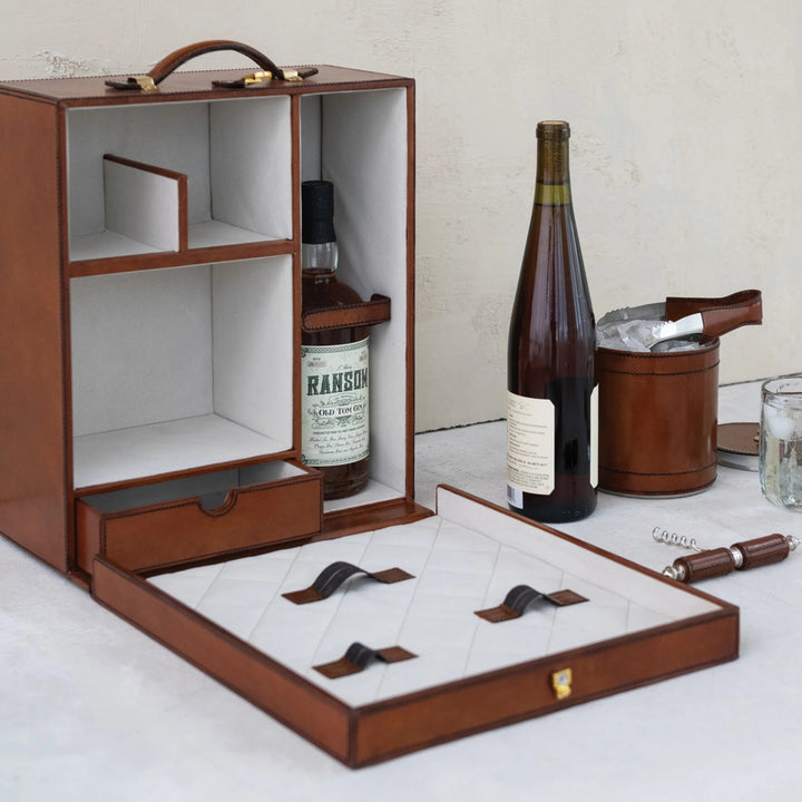 Travel Bar Trunk w/ Flocked Interior, Ice Bucket, Bottle Opener, Cork Screw, Tongs, Set of 5